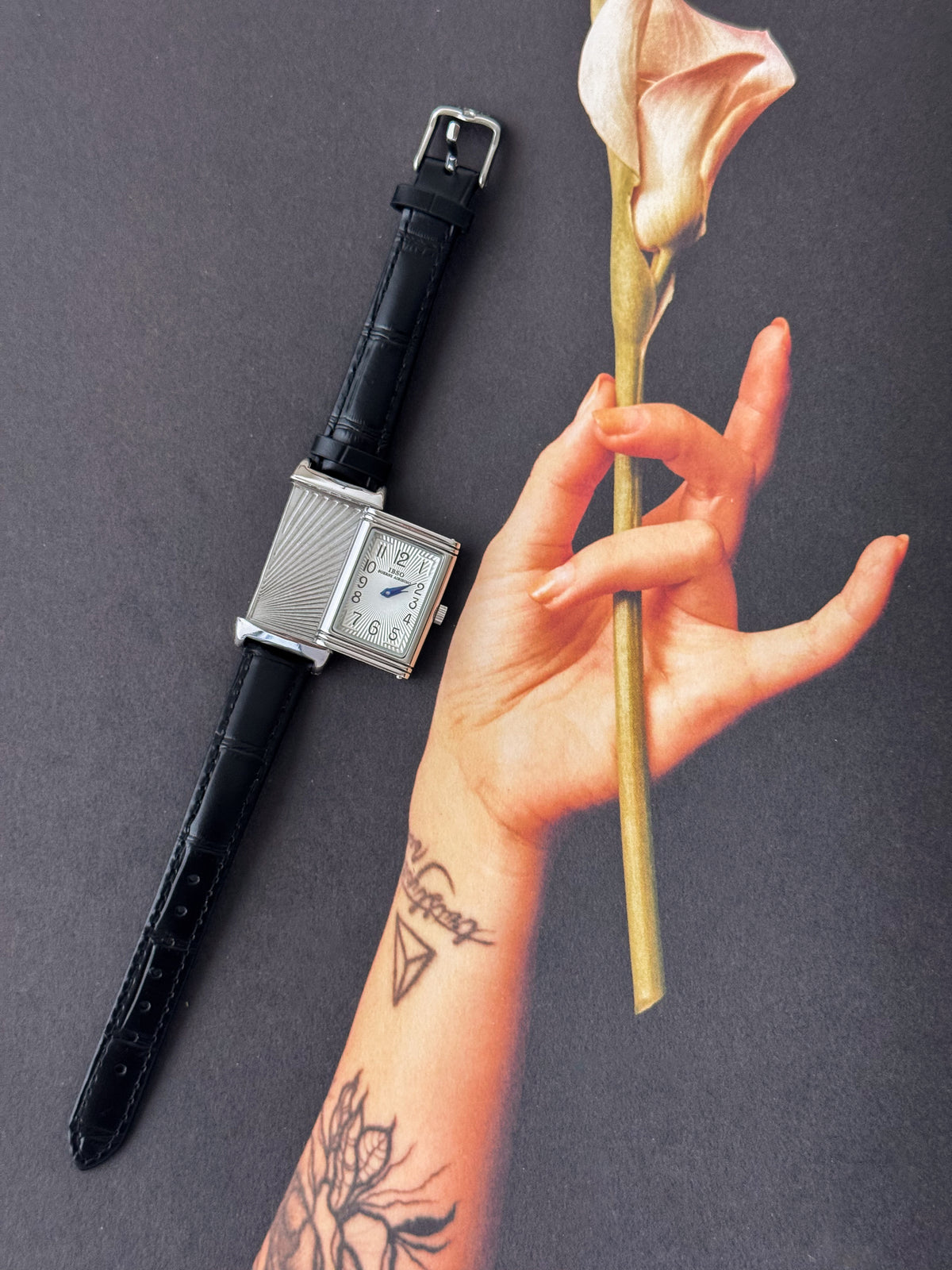Reverso Style Silver Watch With Black Leather Band