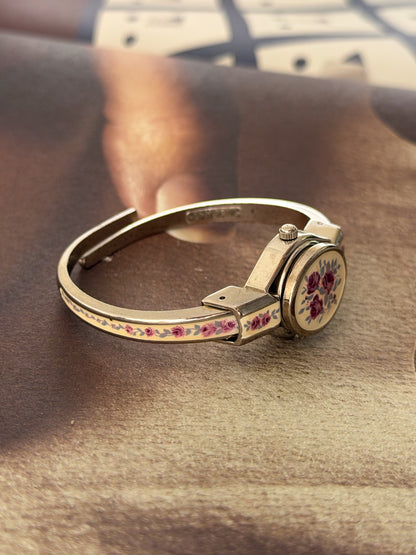 Vintage Silver Tone André Mouche Peekaboo Cuff Watch With White Enamel and Pink Rose Design