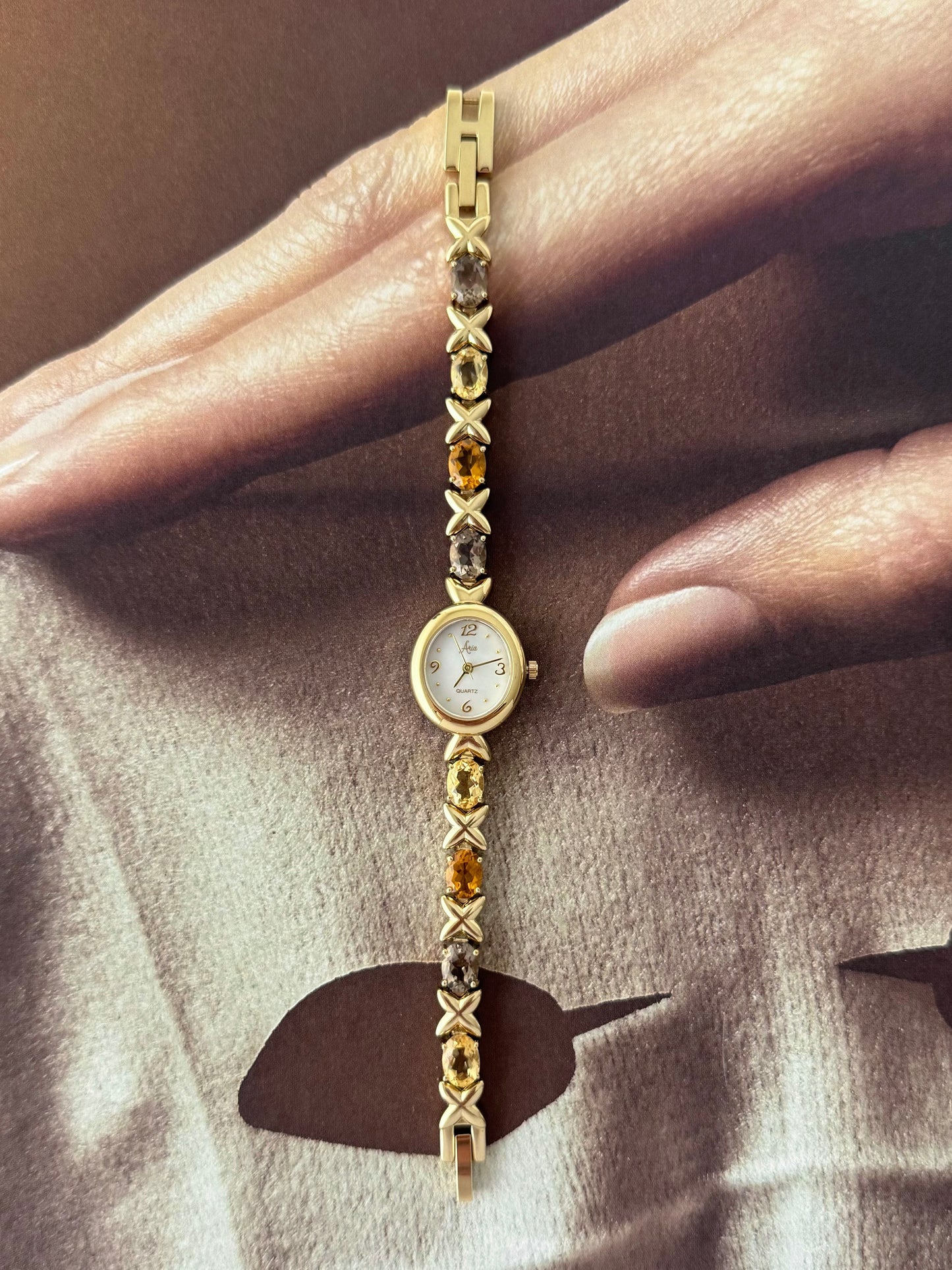 Vintage Aria Gold Watch With Genuine Multicolor Gemstone Band