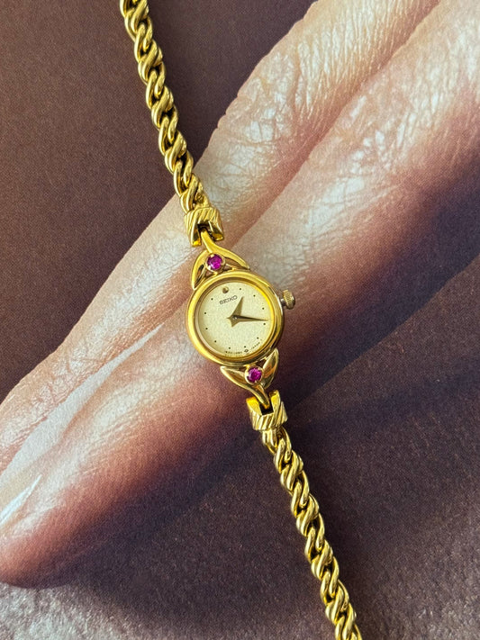 Rare Petite Vintage Seiko Watch With Genuine Rubies and Dainty Rope Band