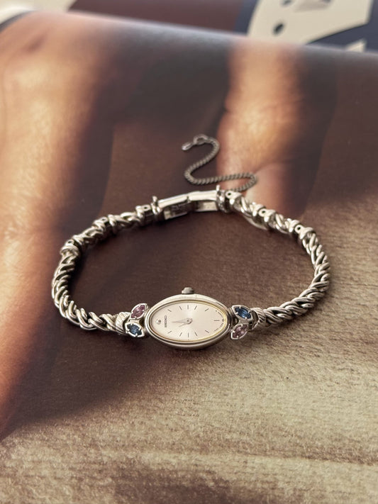 Extremely Rare 1990s Silver Seiko Watch With Genuine Gemstones Oval Face and Dainty Rope Band