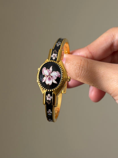 Vintage Gold Tone Andre Mouche Peekaboo Cuff Watch With Purple Peony Enamel Flower Design