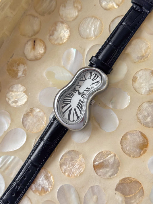 Black Leather Band Salvador Dali Style Watch Silver Exaequo Inspired Softwatch