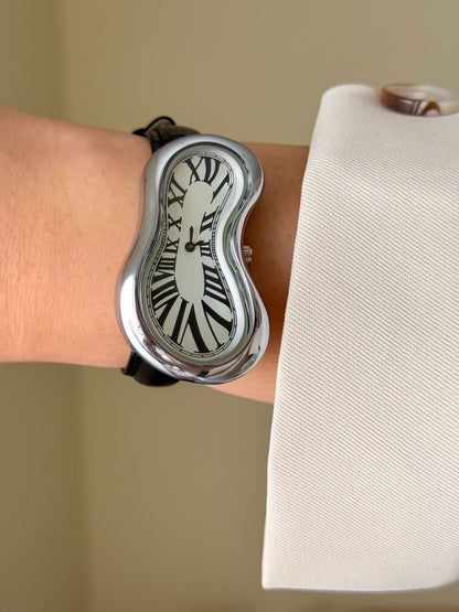 Black Leather Band Salvador Dali Style Watch Silver Exaequo Inspired Softwatch