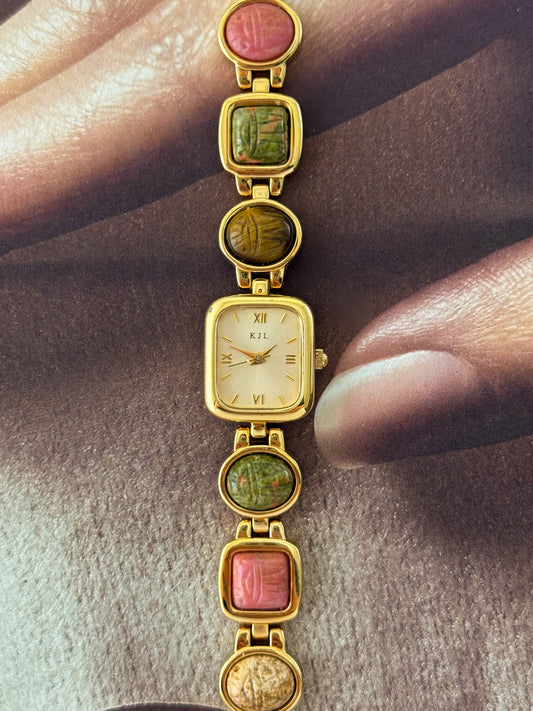 Vintage Kenneth Jay Lane (KJL) Gold Tone Watch With Egyptian Carved Scarab Gemstone Band