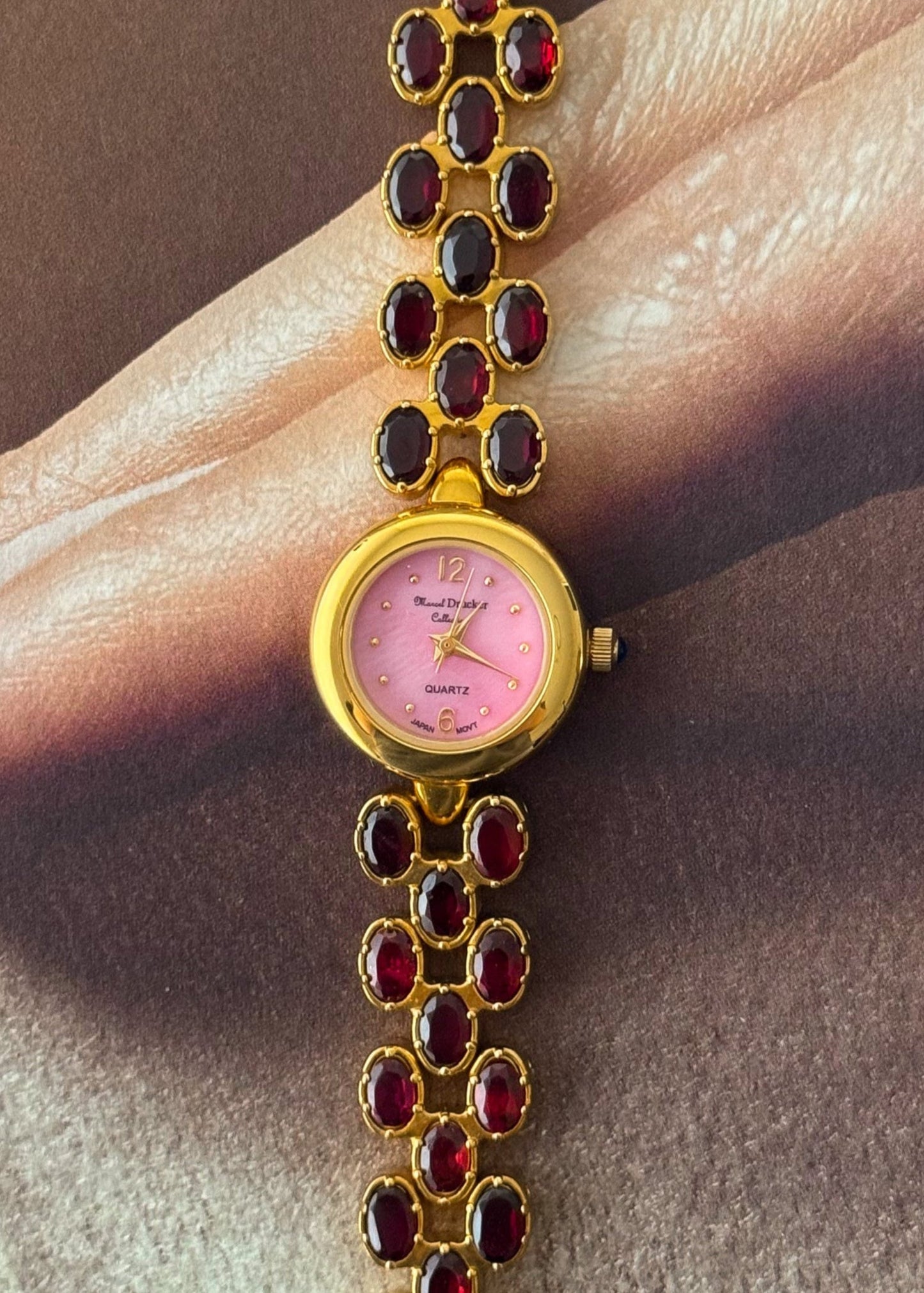 Vintage Marcel Drucker Watch With Pink Dial and Garnet Stone Band