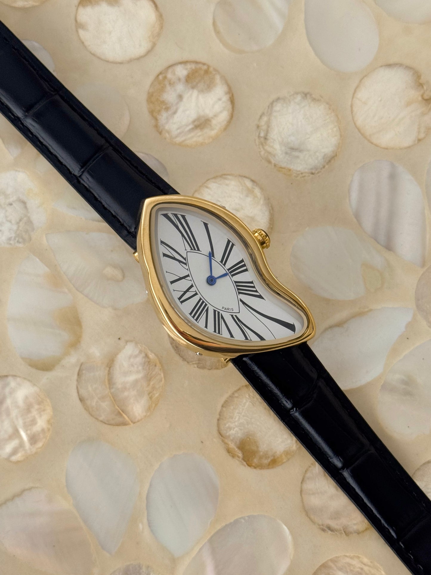 Y2K Vintage Inspired Gold Paris Dali Crash Melting Watch With Black Leather Band