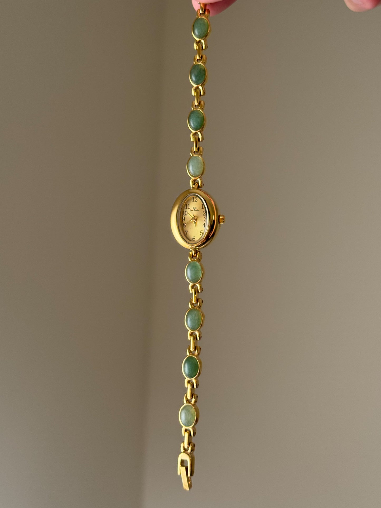 Minimalist Gold Watch With Dainty Green Gemstone Bracelet Band