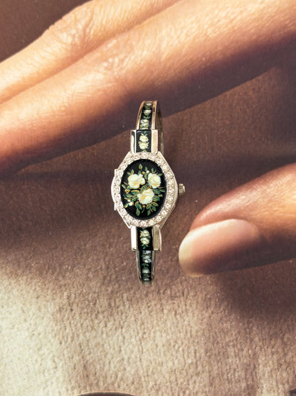 Vintage Black Enamel Andre Mouche Peekaboo Cuff Watch Bangle With Flower and Diamond Accent