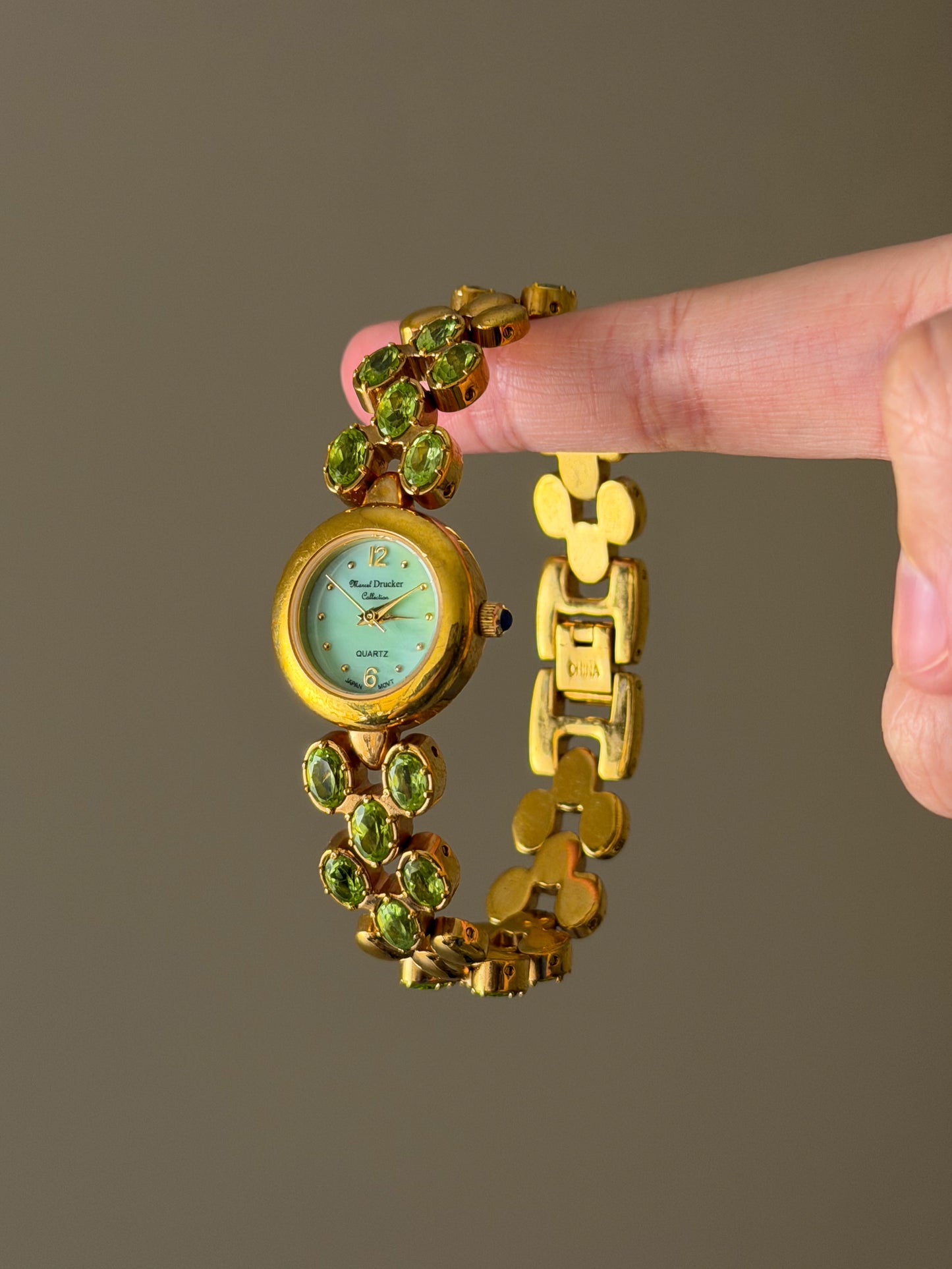 Vintage Marcel Drucker Watch With Green Dial and Peridot Gemstone Band