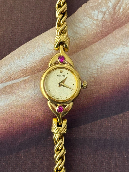 Rare Petite Vintage Seiko Watch With Genuine Rubies and Dainty Rope Band
