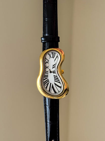 Black Leather Band Salvador Dali Style Watch Gold Exaequo Inspired Softwatch