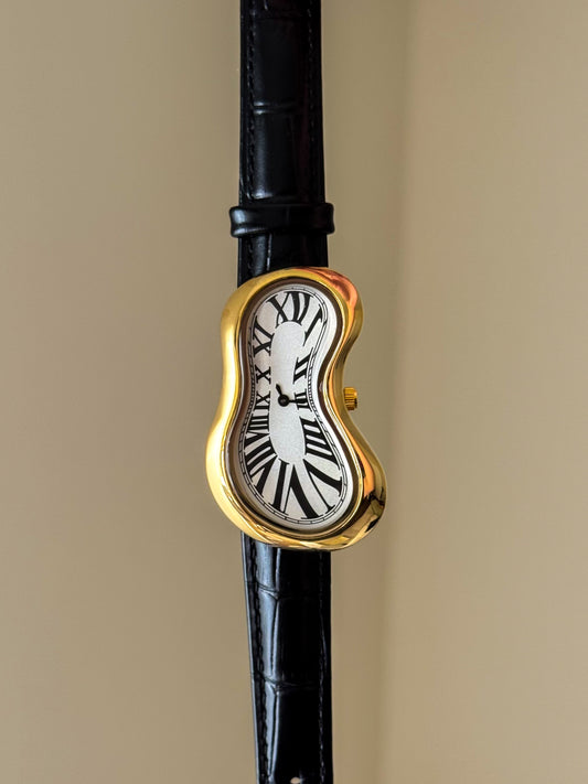 Black Leather Band Salvador Dali Style Watch Gold Exaequo Inspired Softwatch