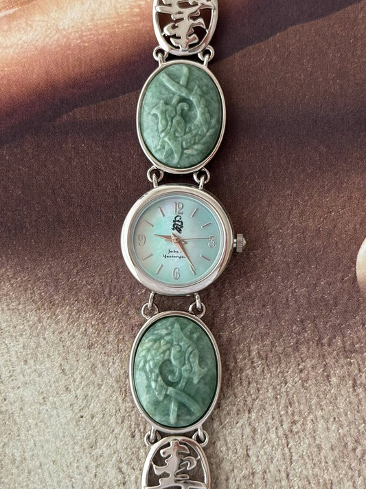 Vintage Jade of Yesteryear Watch With Carved Stone Band and Turquoise Mother of Pearl Dial