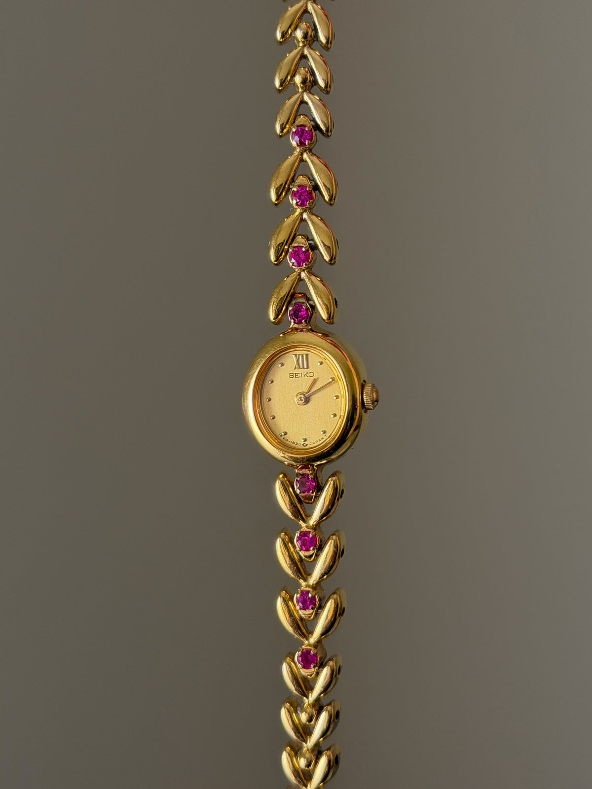 Very Rare 1990s Gold Vintage Seiko Watch With 8 Natural Ruby Gemstones