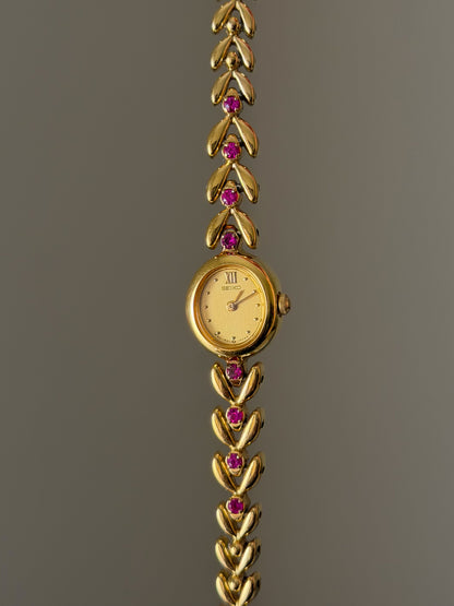 Very Rare 1990s Gold Vintage Seiko Watch With 8 Natural Ruby Gemstones