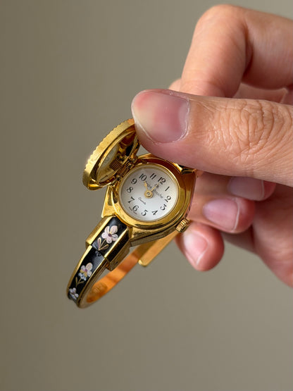 Vintage Gold Tone Andre Mouche Peekaboo Cuff Watch With Purple Peony Enamel Flower Design