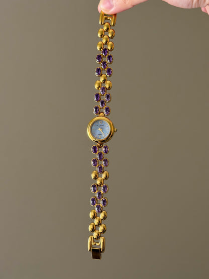 Vintage Marcel Drucker Watch With Purple Dial and Amethyst Gemstone Band