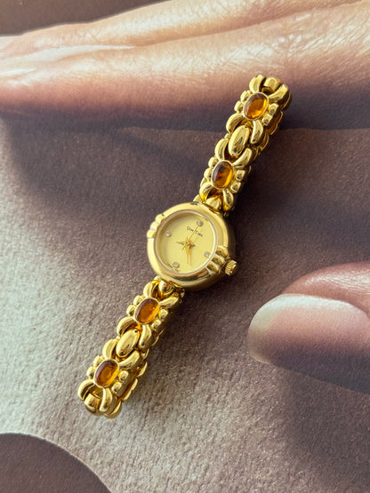 Vintage Gem Time Gold Watch With Orange Amber Gemstone Band