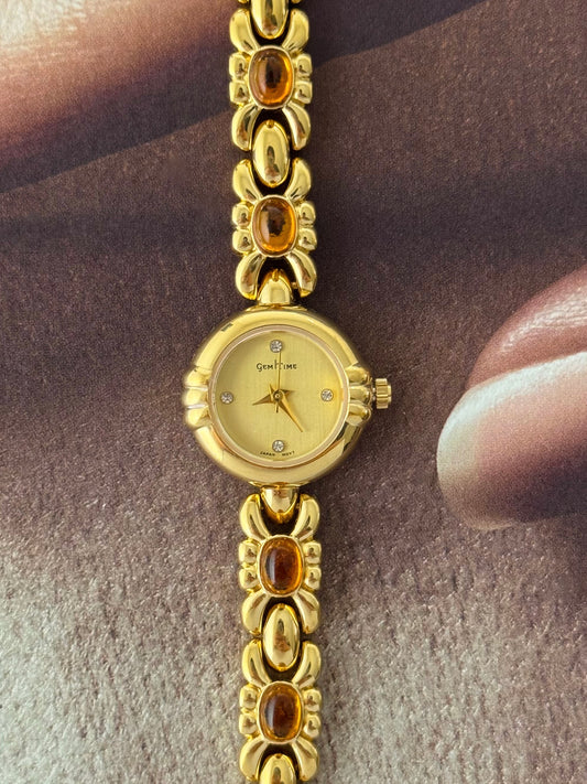 Vintage Gem Time Gold Watch With Orange Amber Gemstone Band