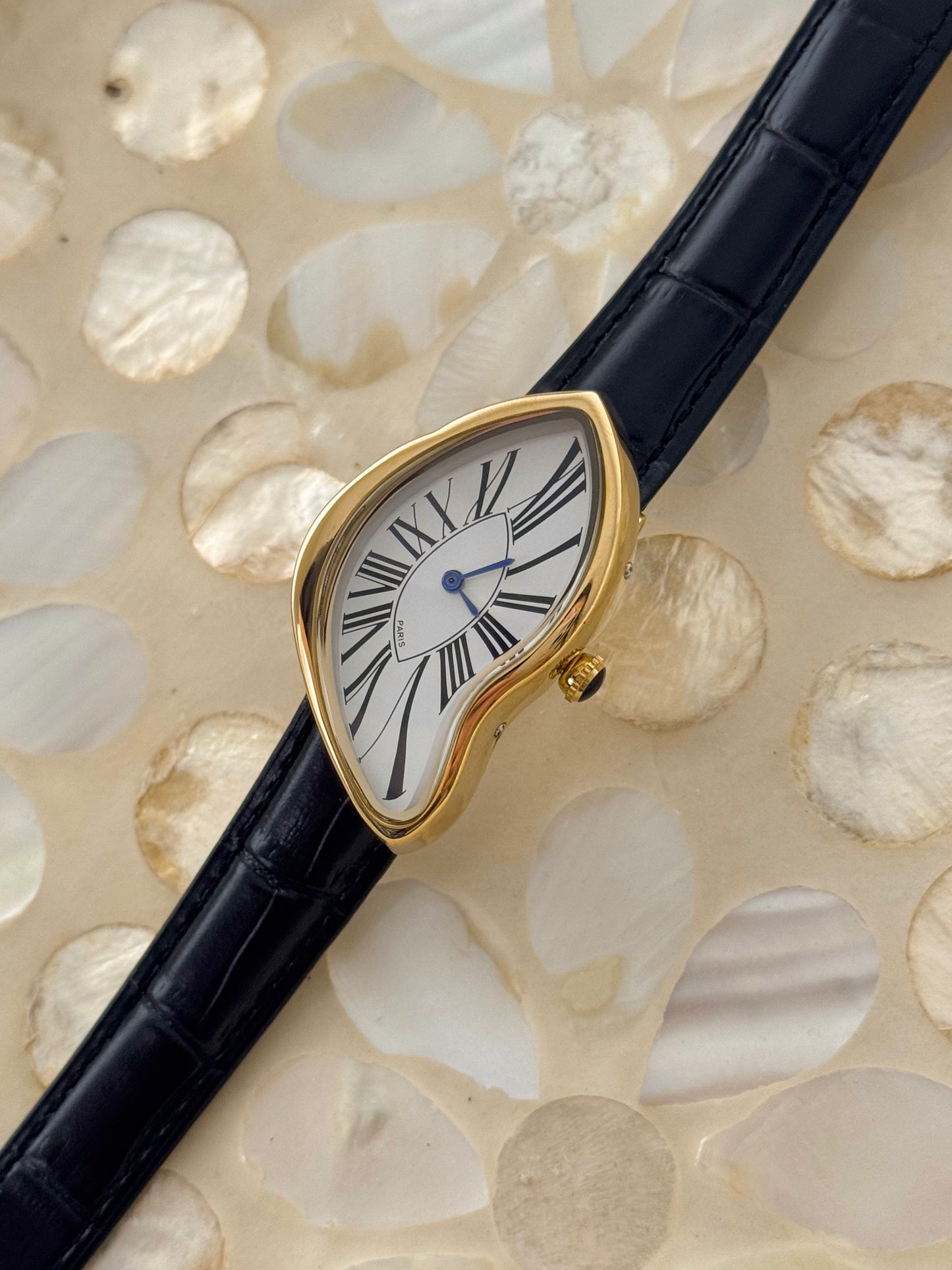 Y2K Vintage Inspired Gold Paris Dali Crash Melting Watch With Black Leather Band