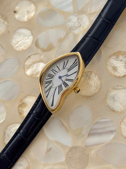 Y2K Vintage Inspired Gold Paris Dali Crash Melting Watch With Black Leather Band
