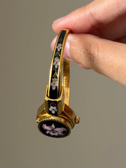 Vintage Gold Tone Andre Mouche Peekaboo Cuff Watch With Purple Peony Enamel Flower Design