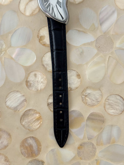 Y2K Vintage Inspired Silver Paris Dali Crash Melting Watch With Black Leather Band