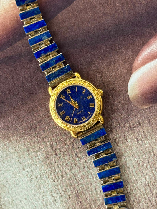 Vintage Gem Time Gold Watch With Genuine Lapis Lazuli Stone Band
