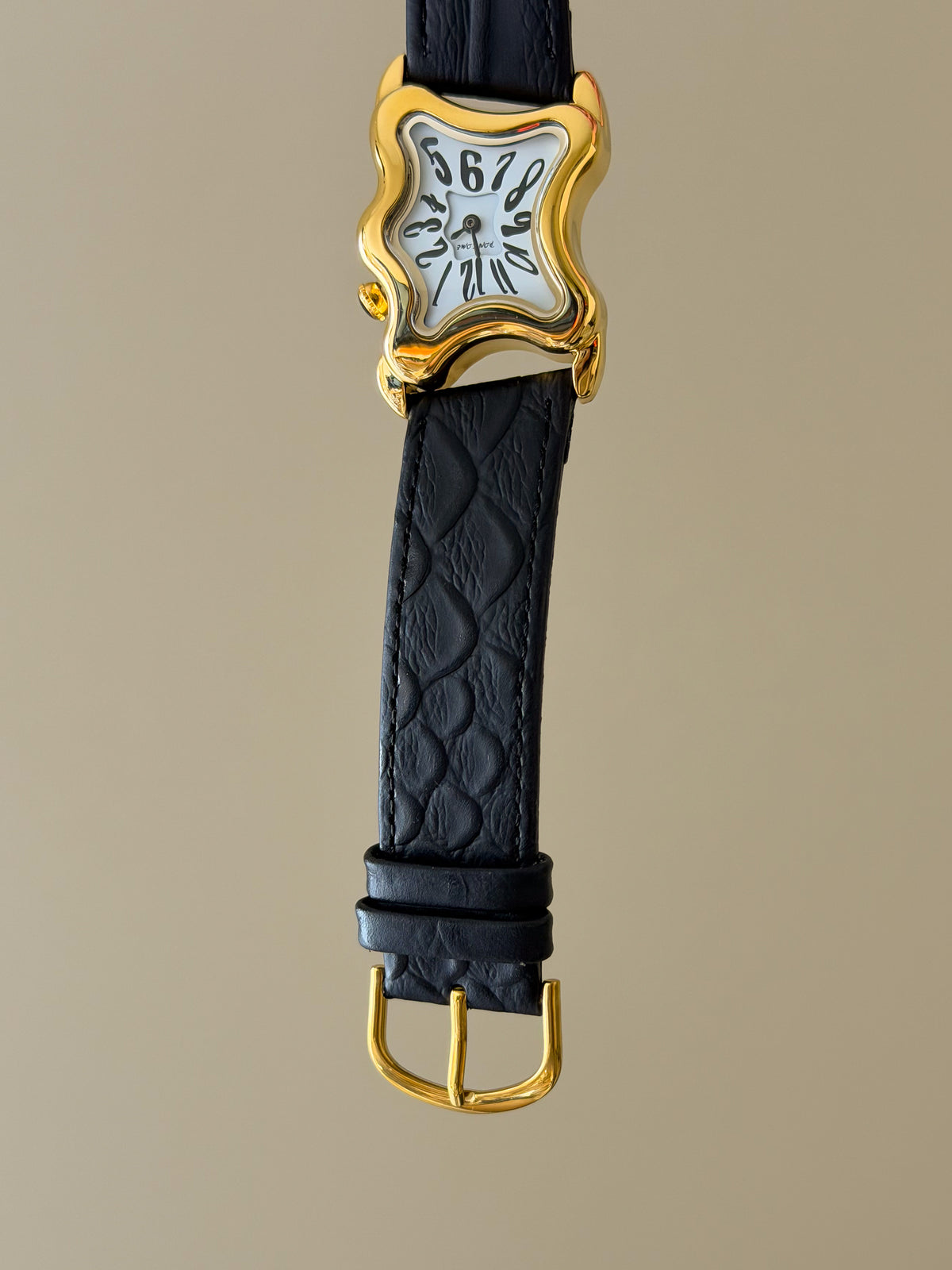 Surrealist Watch With Melting Wavy Gold Dial and Black Leather Band