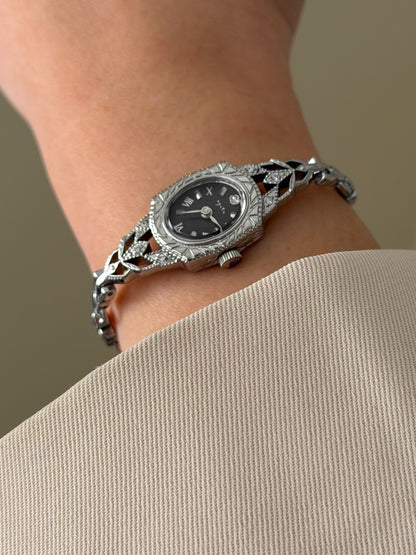 Vintage Japanese Agete Art Deco Style Silver Watch Black Dial and Dainty Wristband