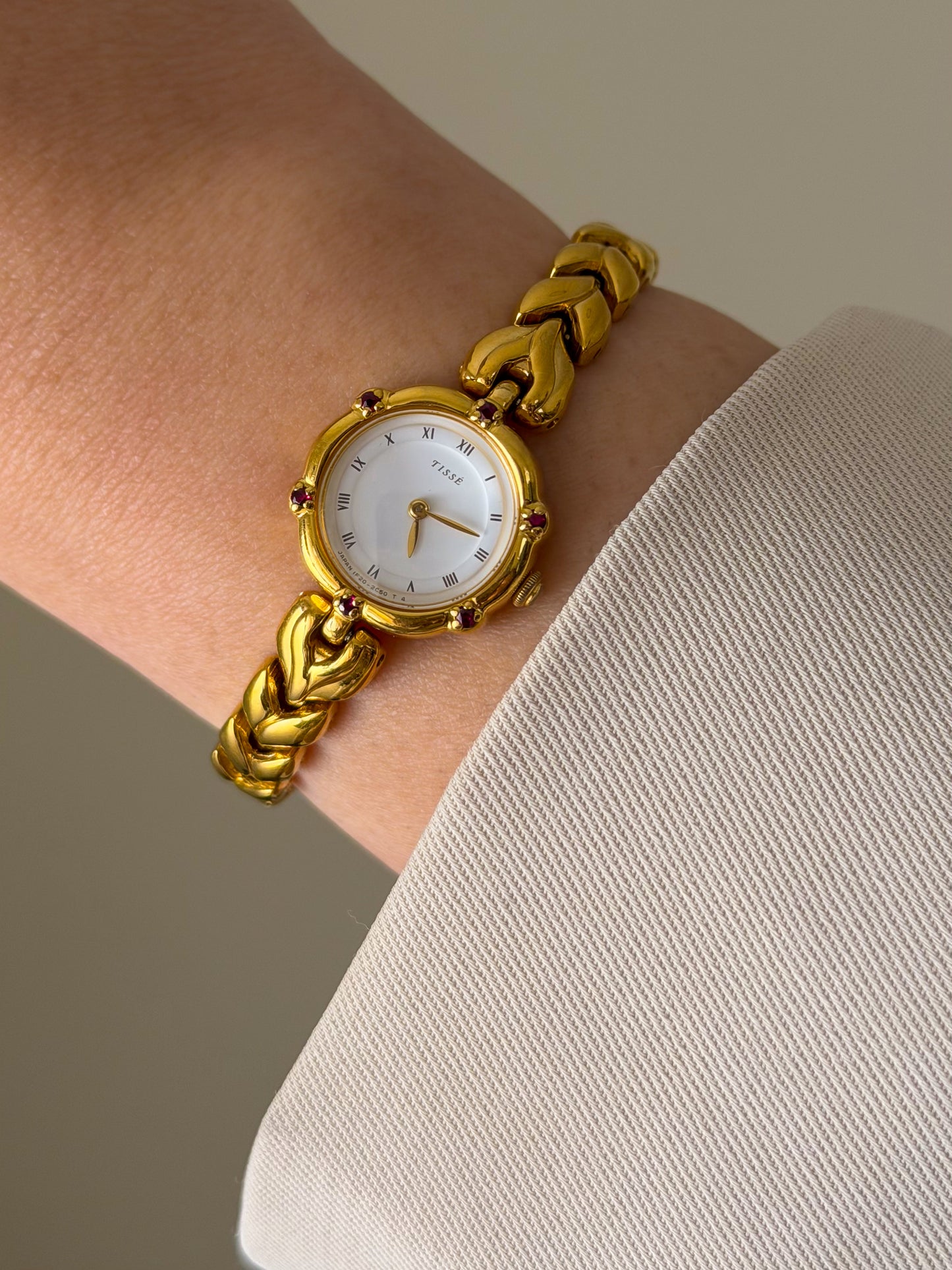 Very Rare 1990s Gold Vintage Seiko Tisse Watch With 6 Natural Ruby Gemstones