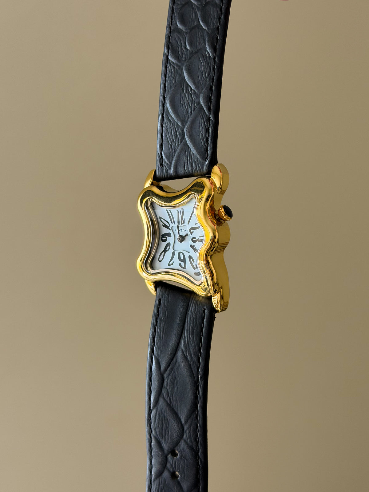 Surrealist Watch With Melting Wavy Gold Dial and Black Leather Band
