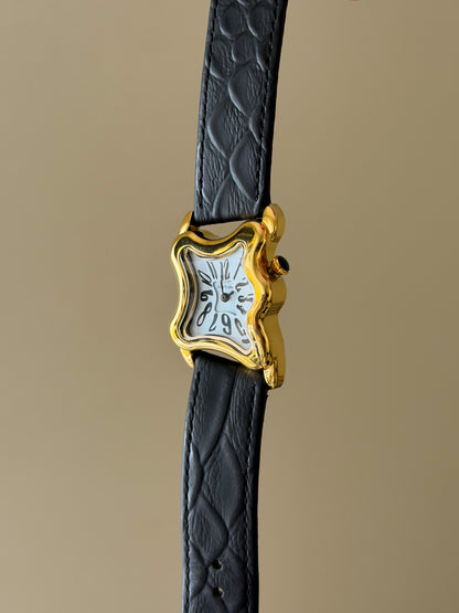 Surrealist Watch With Melting Wavy Gold Dial and Black Leather Band