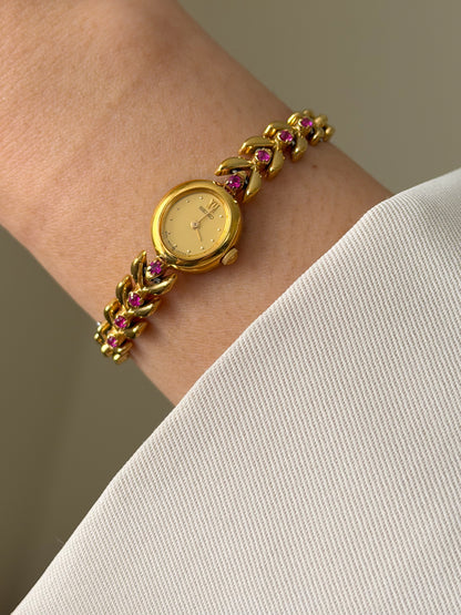 Very Rare 1990s Gold Vintage Seiko Watch With 8 Natural Ruby Gemstones
