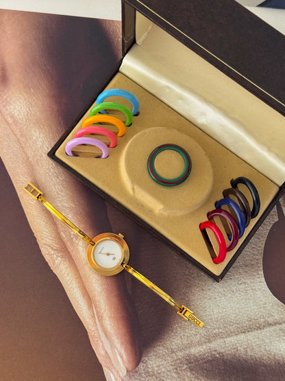Vintage 1980s Gold Plated Gucci Interchangeable Bezel Watch Bangle