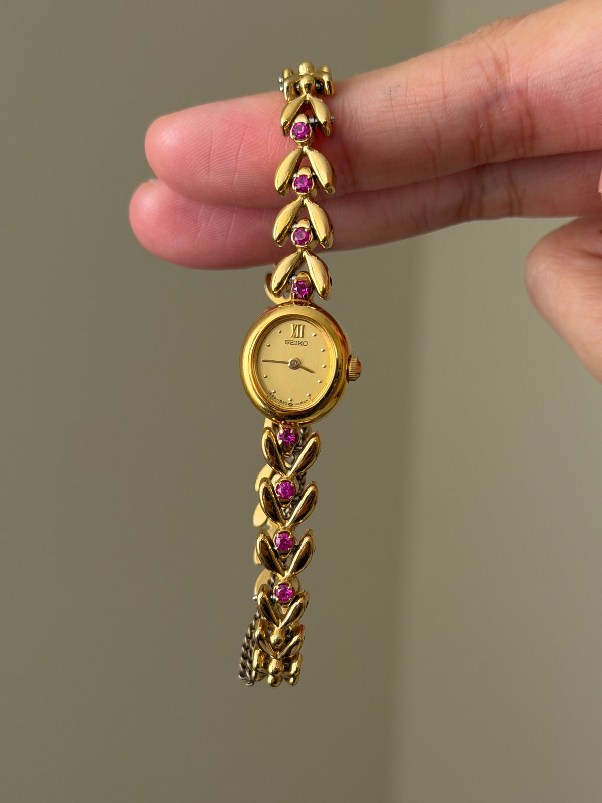 Very Rare 1990s Gold Vintage Seiko Watch With 8 Natural Ruby Gemstones