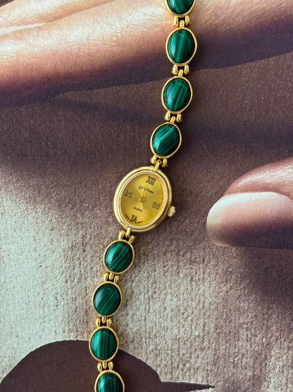 Vintage Gem Time Gold Watch With Malachite Stone Band