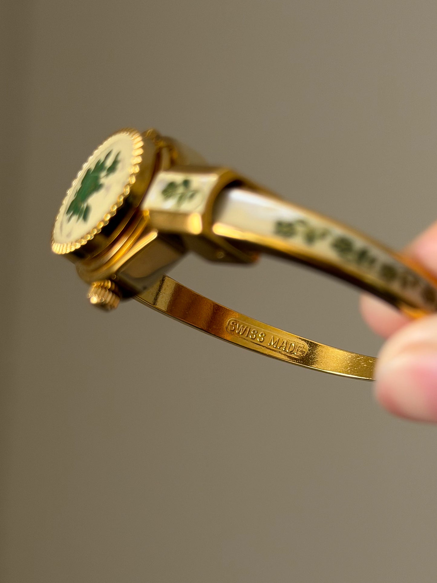 Vintage Gold Tone Andre Mouche Peekaboo Cuff Watch With a Green Peony Enamel Flower Design