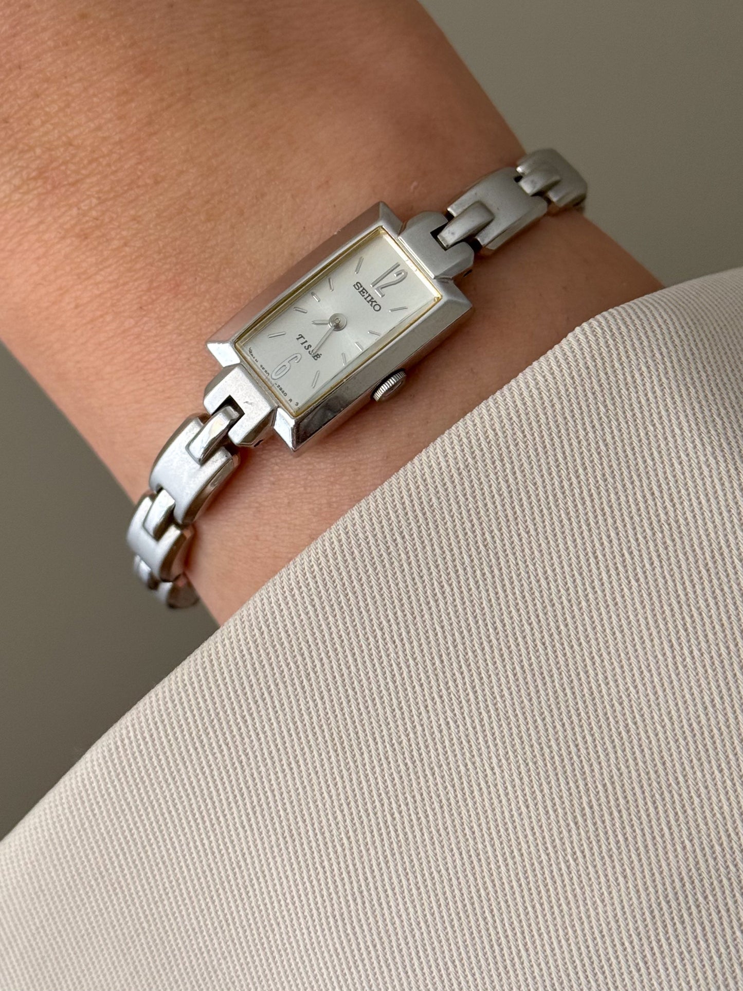 Vintage Silver Seiko Tisse Watch With Rectangle Face and Band