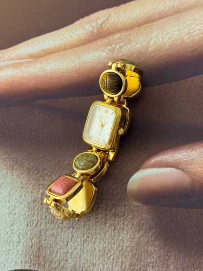 Vintage Kenneth Jay Lane (KJL) Gold Tone Watch With Egyptian Carved Scarab Gemstone Band