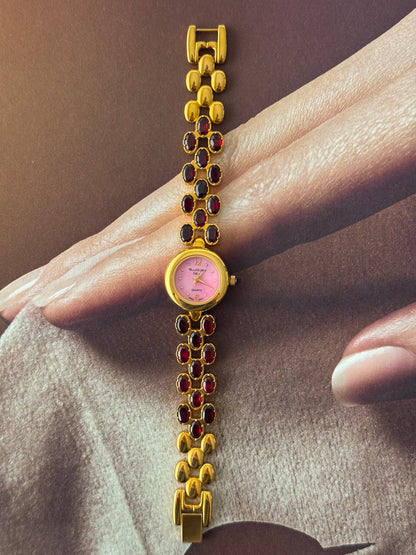 Vintage Marcel Drucker Watch With Pink Dial and Garnet Stone Band