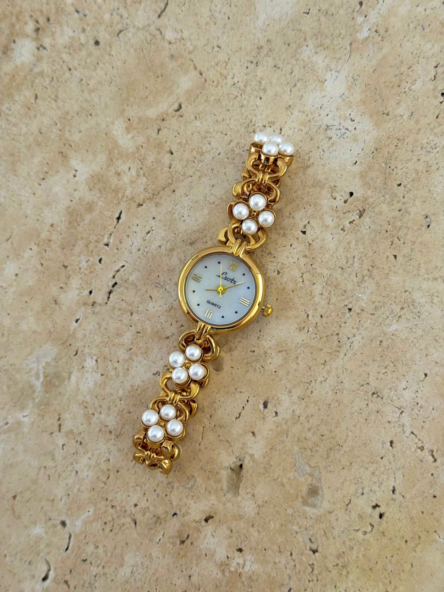 Minimalist Gold Watch With Pearl Bracelet Band