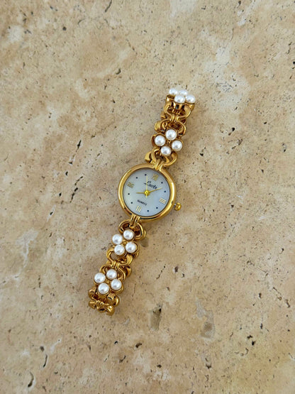 Minimalist Gold Watch With Pearl Bracelet Band
