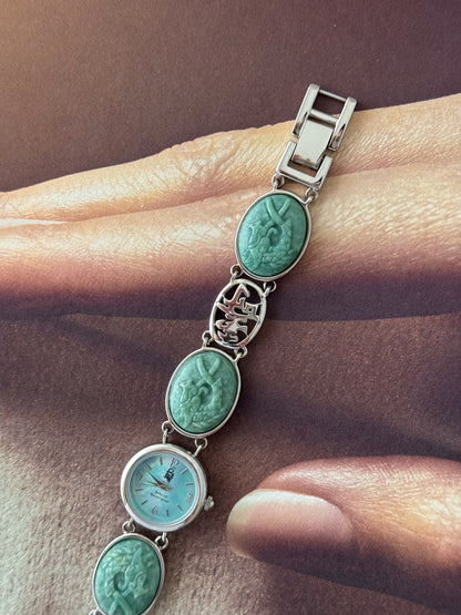 Vintage Jade of Yesteryear Watch With Carved Stone Band and Turquoise Mother of Pearl Dial
