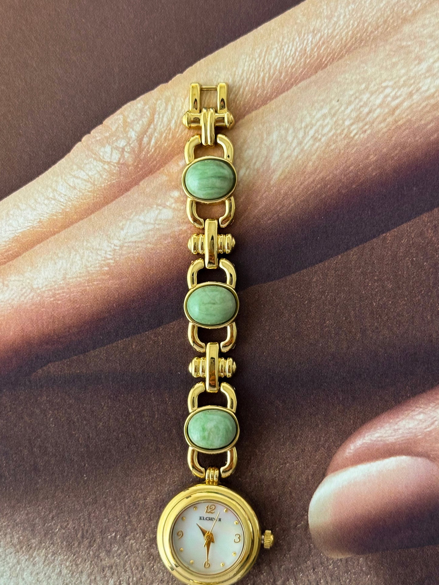 Vintage Elgin Gold Watch With Natural Jade Stone Band