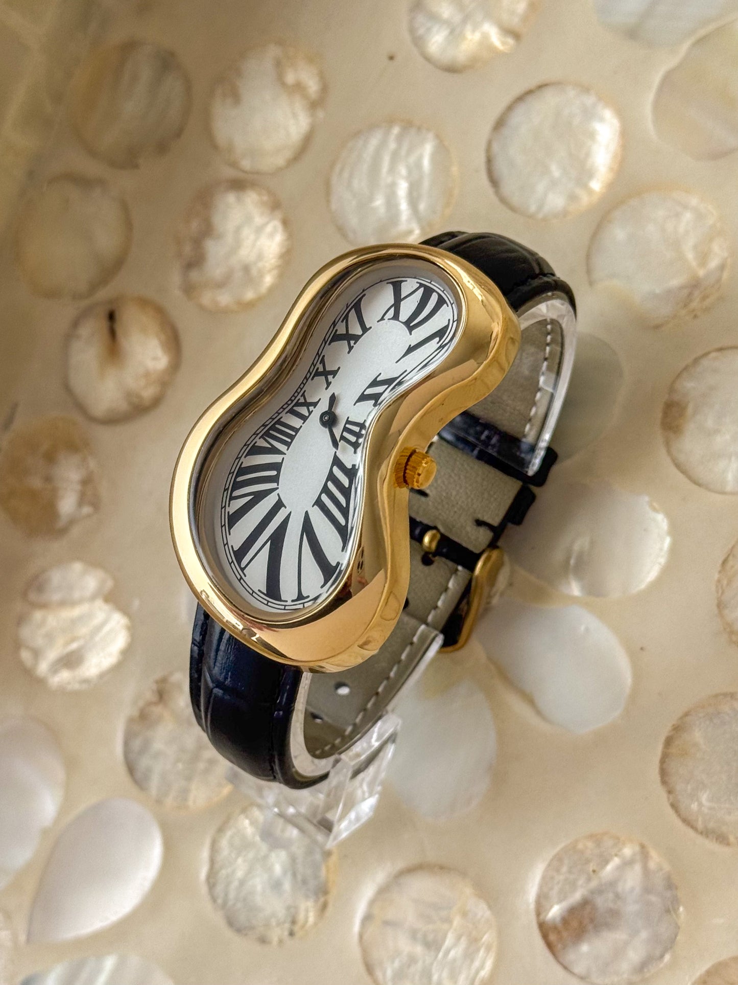 Black Leather Band Salvador Dali Style Watch Gold Exaequo Inspired Softwatch
