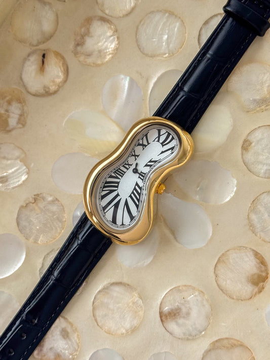 Black Leather Band Salvador Dali Style Watch Gold Exaequo Inspired Softwatch