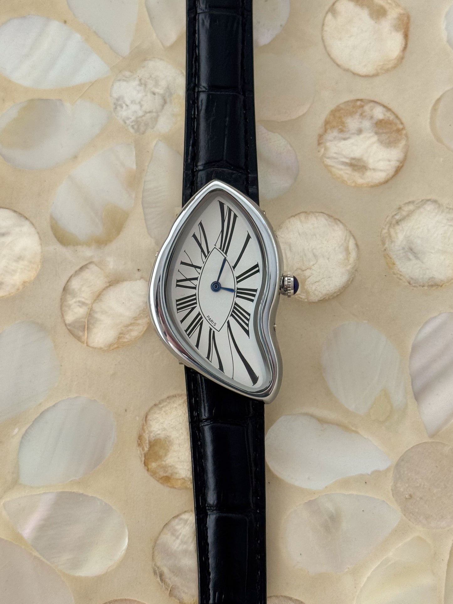 Y2K Vintage Inspired Silver Paris Dali Crash Melting Watch With Black Leather Band