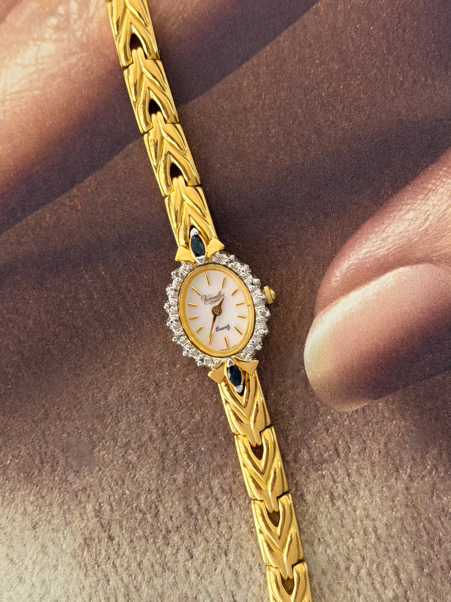 Vintage Gold Watch With Blue Gemstones and Diamond Accent